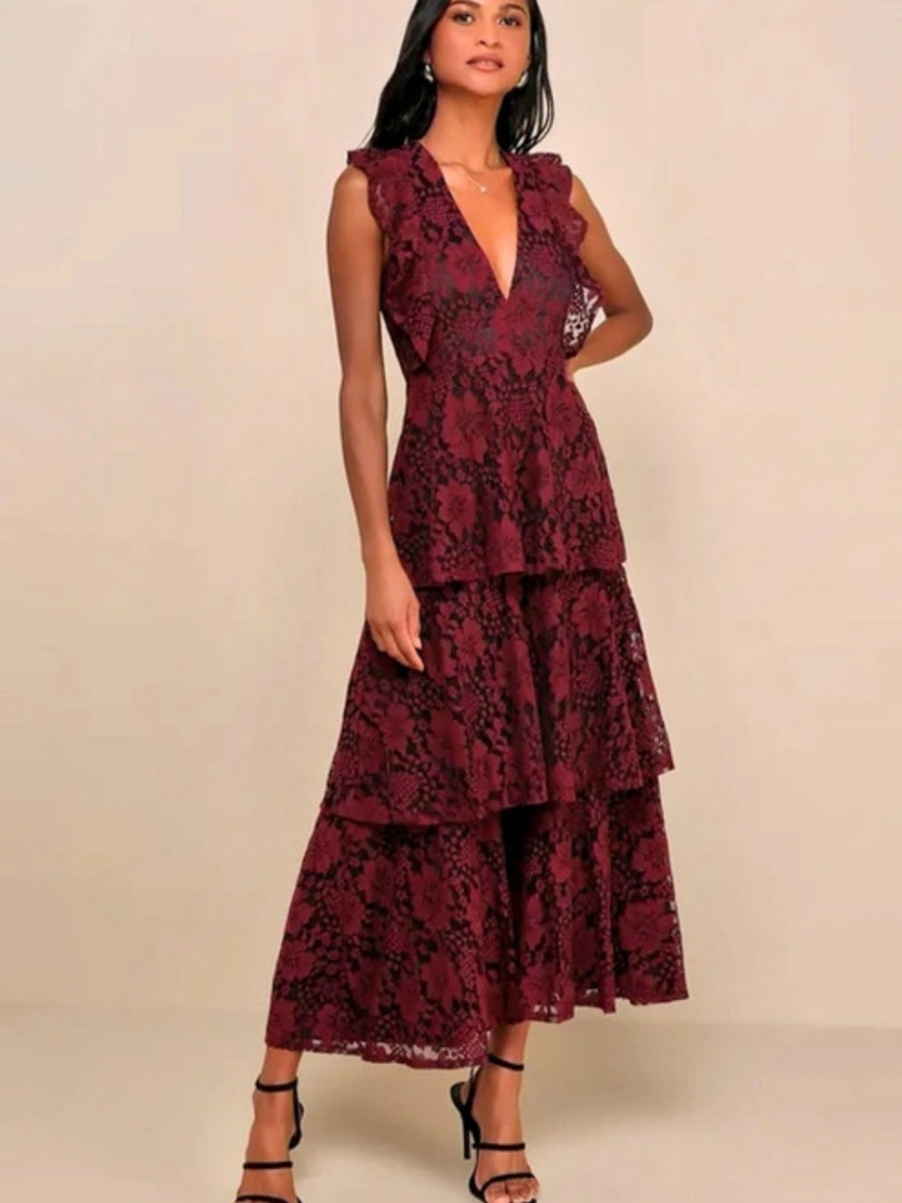 Lulus Molinetto Burgundy And Black Lace Ruffled Tiered Sleeveless Maxi Dress